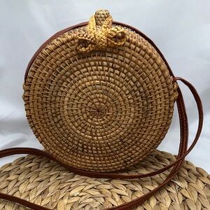 Round Woven Rattan Crossbody Bag